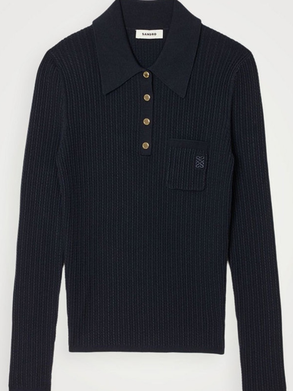 Sandro Cable Rib Knit Polo Sweater Navy Button Long Sleeve Size 1 XS women's